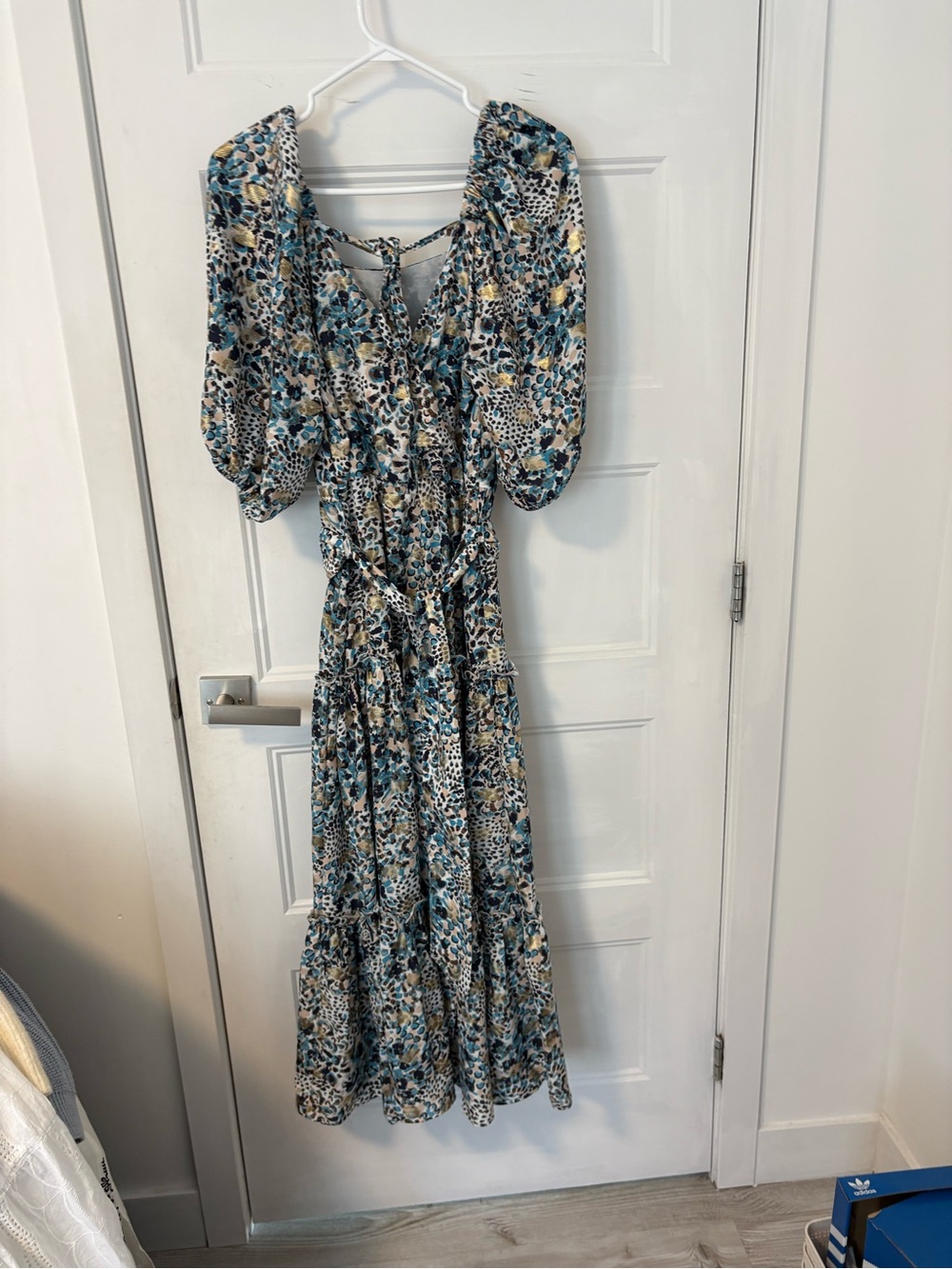 Floral Teal Puff-Sleeve Maxi Dress